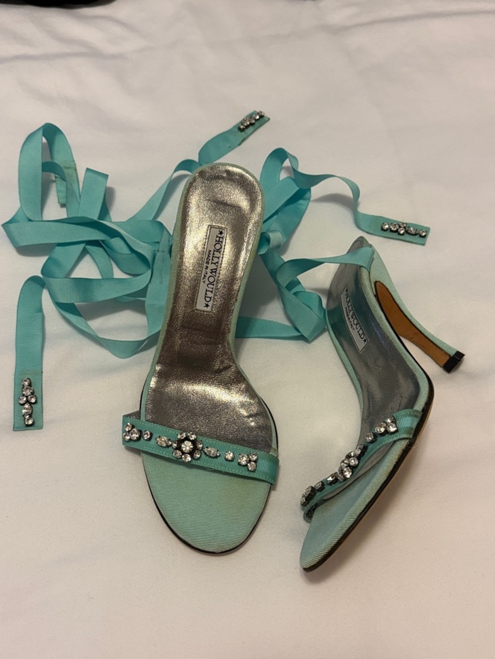 Aqua Satin Crystal Ankle-Tie Heels by Hollywould